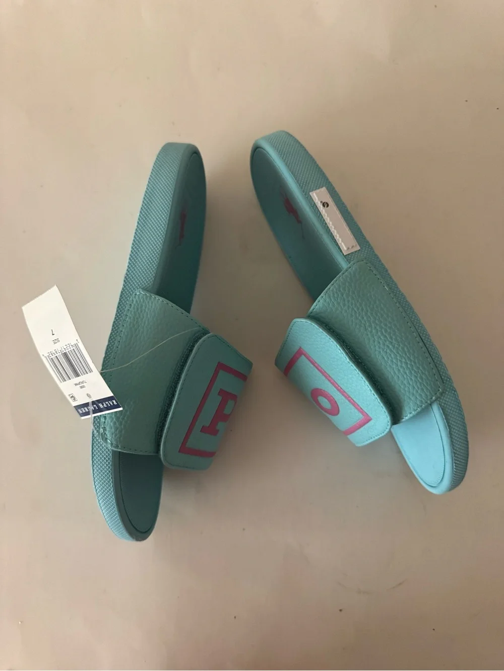 Polo Ralph Lauren Aqua Slide Sandals with Pink Logo. Size: 7
